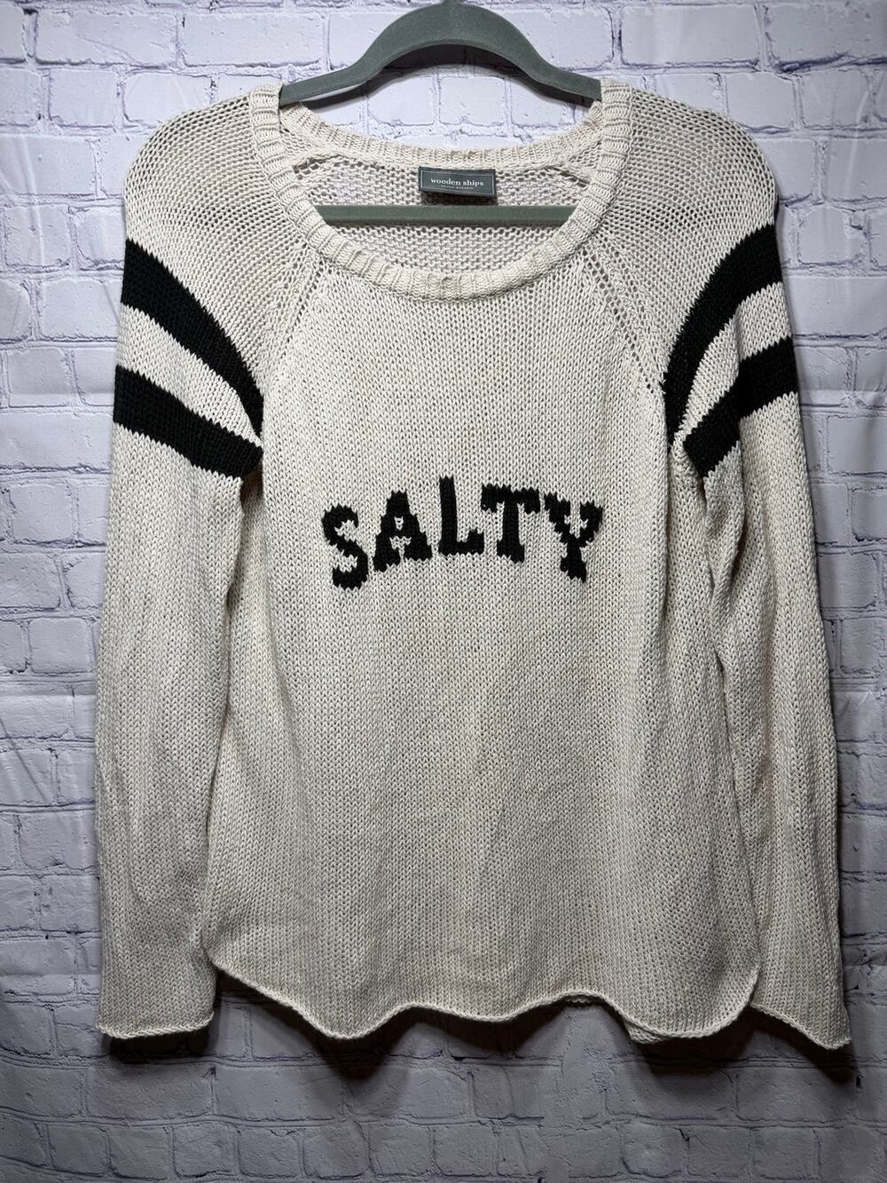 Wooden Ships Lightweight Knit Sweater "Salty" Front Cream Sz S/M Preppy